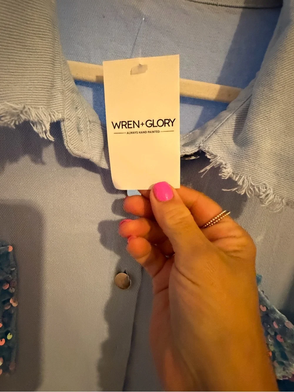 Wren + Glory Drift Days Light Blue Sequin-Sleeve Graphic Jean Jacket/Shirt
